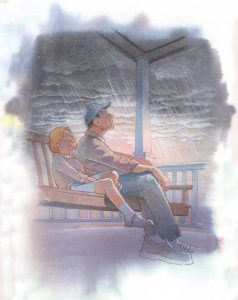 a parent and child sit under the cover of a porch on a porch swing during a storm